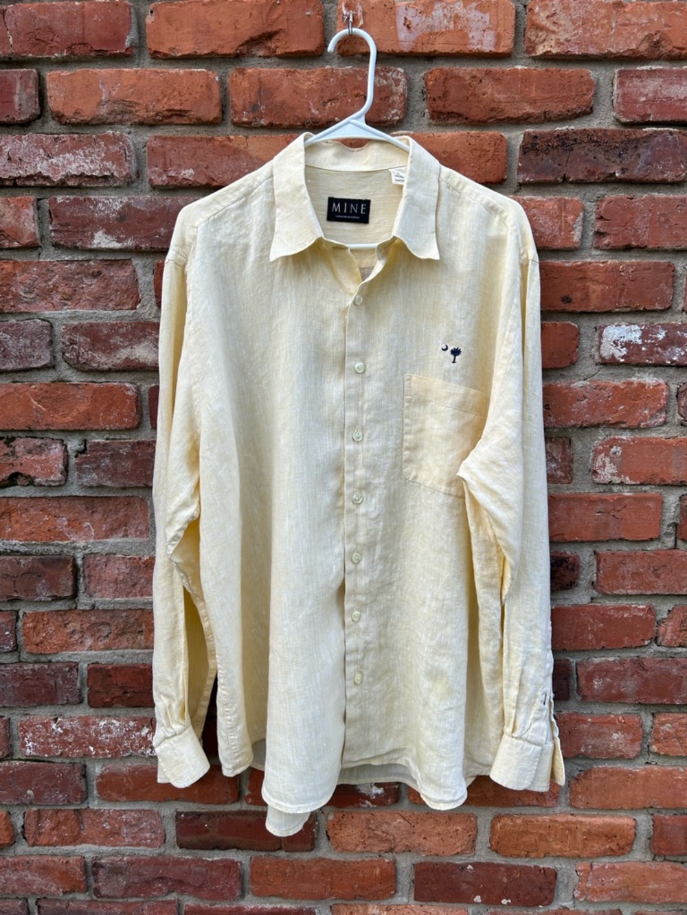 MINE Yellow 100% Linen L/S Shirt XL Button Down Embroidery SC Palm